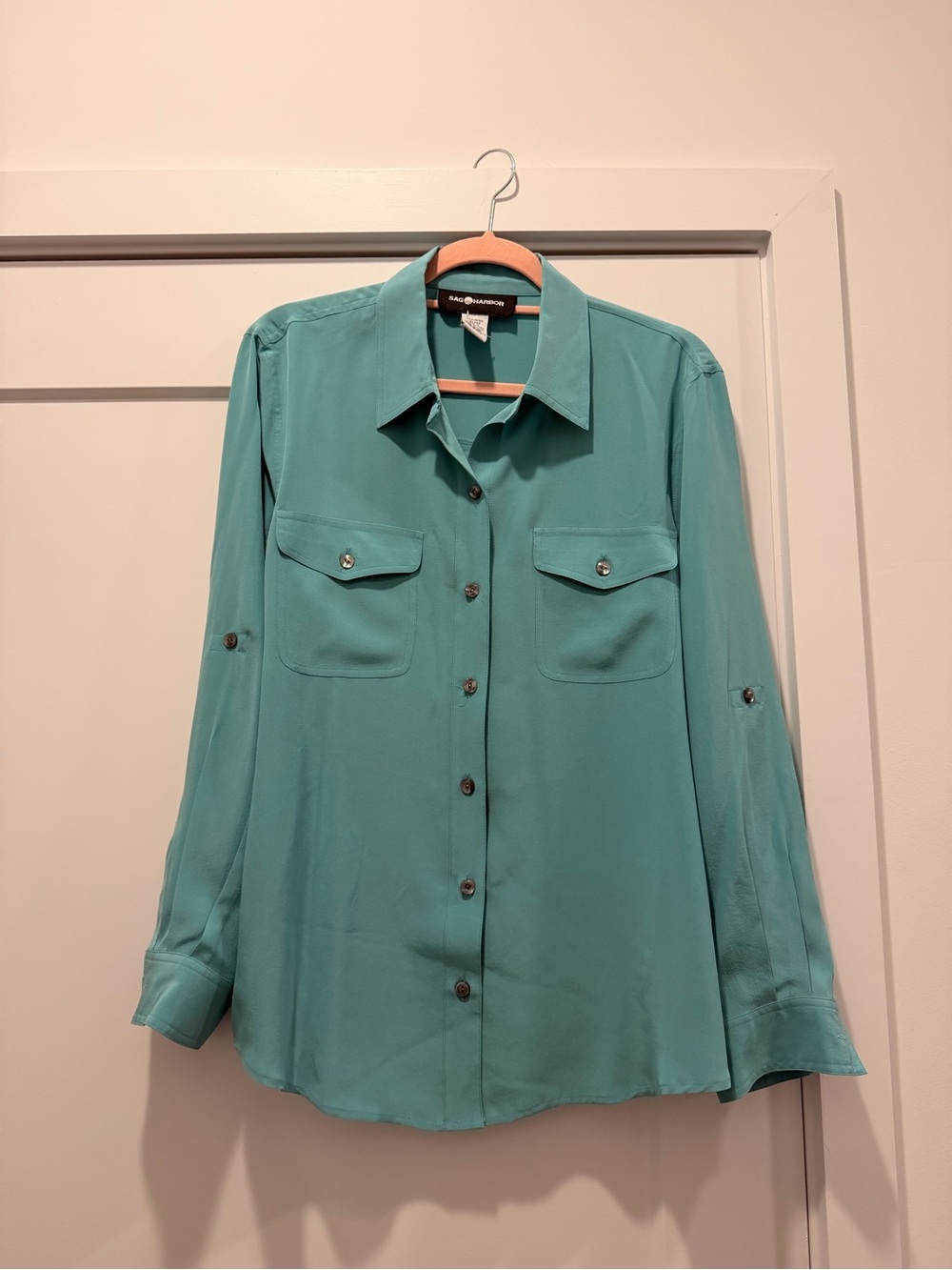 Sag Harbor Teal Button-Front Utility Blouse